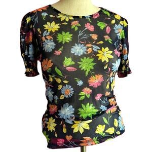 Womens Top Size Large Floral Sheer Bohemian Indie Colorful Bold Fairycore